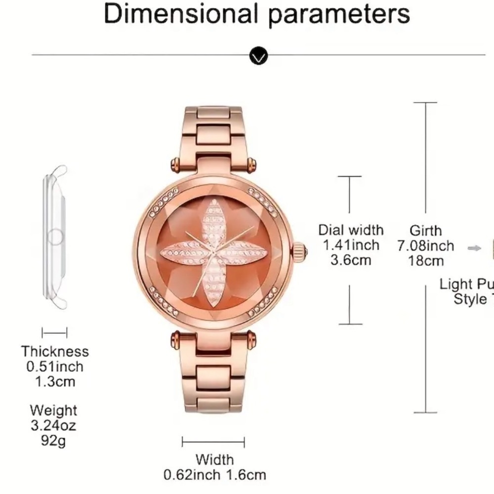 Rose Gold Quartz Watch with Sparkling 3D Four-Leaf Clover & Rhinestone Dial - Picture 7 of 10
